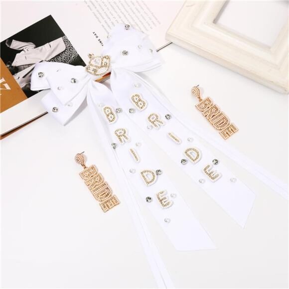 Bride Hair Bow Clips for Women Beaded Bride Hair Clips Statement White Silky